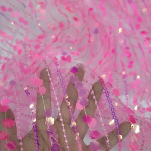 Fabric Sold By The Yard Pink Neon Sequin Iridescent Embroidery Floral Flowers On White Mesh Fashion New Fabric Dress Draping Clothing