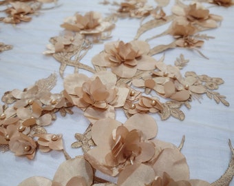 Tela de encaje floral 3D: flores y perlas bordadas - Novias, bailes de graduación, quinceañeras