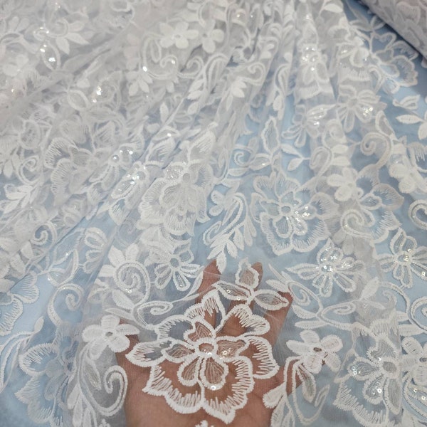 Tissu vendu par yard dentelle blanche broderie fleurs florales clair sequin maille robe de bal robe de soirée mode robe de mariée mariage baptême