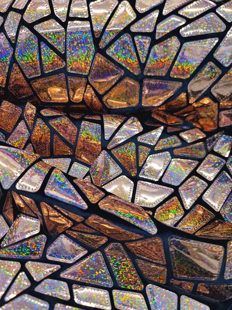 Rose Gold Iridescent Geometric Sequin Fabric On Black Velvet Stretch (By The Yard) image 10