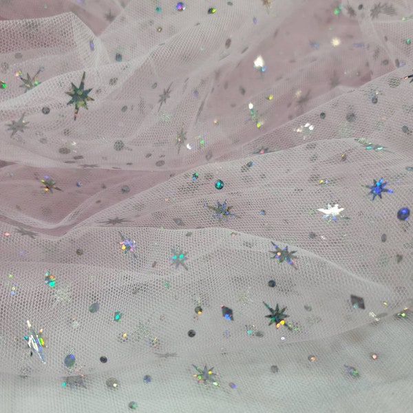 Fabric Sold By The Yard Pink Mesh Silver Hologram Stars Iridescent Fabric Quinceañera Dress Bridal Gown Prom Dress Telas Para Costura