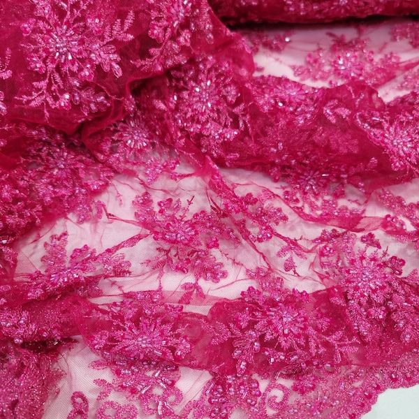Fuchsia Hand Beaded Lace Fabric – Floral Embroidered Mesh, Double Scalloped