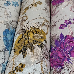 Fabric Sold By The Yard Brocade Floral Flowers Fuchsia Turquoise Beige Background For Dress Upholstery