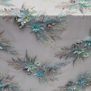 Minze Hand Perlen Spitze 3D Floral Perlen auf Mesh RhinestonesProm Stoff Verkauft Massenbestand Kleid Quinceaëra Brautabend Herrliches Brautkleid