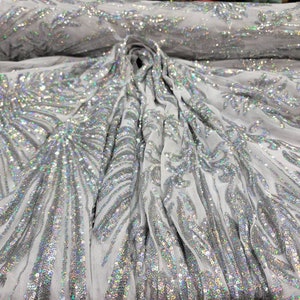 Silber Pailletten Spitzenstoff: 4-Wege-Stretch, Vintage-Muster - 134 cm Bild 5