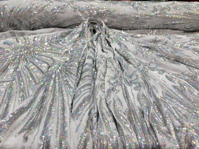Silber Pailletten Spitzenstoff: 4-Wege-Stretch, Vintage-Muster - 134 cm Bild 5