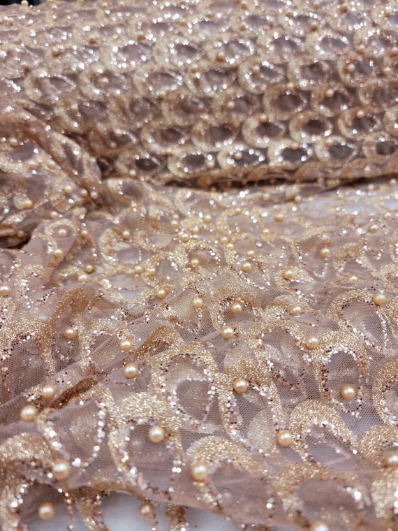 Fabric Sold by the Yard Rose Gold Lace Glitter Sparkle Pearls - Etsy