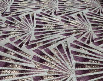 Fabric Sold By The Yard Eggplant Brocade Metallic Fabric Art Deco Pattern on Beige Bakground
