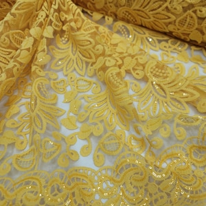Fabric Sold by The Yard Yellow Lace Embroidery Sequin On Mesh Floral Flowers Evening Dress Bridal Gown Clothing Girls Dancer Custom