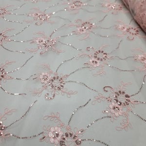 Fabric By The Yard Blush Pink Lace Floral Sequins Embroidery On Mesh Bridal Evening Dress Quinceañera Gown Prom Fashion Lace