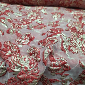 Fabric Sold By The Yard Red Brocade Floral Flowers Gold Metallic Jacquard Fashion Prom Bridal Evening Dress New Gown Quinceañer