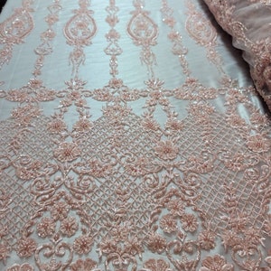 Fabric By The Yard Blush Beaded Lace Floral Flowers Sequin Double Scalloped Fashion Quinceañera Bridal Evening Gown Apparel Dress