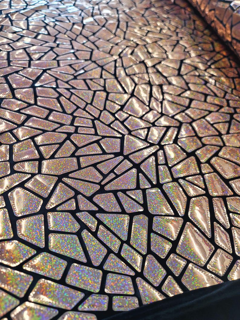 Rose Gold Iridescent Geometric Sequin Fabric On Black Velvet Stretch (By The Yard) image 4