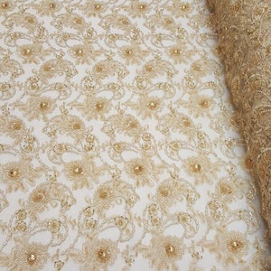 Gold Hand Perlen Spitze Floral Blumen bestickt auf Mesh Rinesthone auf Mesh Prom Stoff verkauft Bulk Stock Kleid Quincea-era