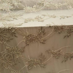 Off-White Elegant Embroidered Cluster Flower Leaf Mesh Elegant Lace Fabric Sold By The Yard Flower Plant Lace Iridescent Sequins Decor Fabric