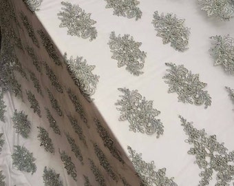 Gray Hand Beaded Lace Floral Flowers Embroidered Floral Flowers Double Scalloped Prom Fabric Sold by the Yard Gown Quinceañera Bridal Dress