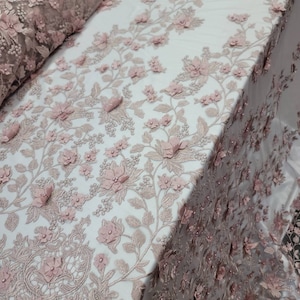 Fabric Sold By The Yard Dusty Rose Beaded Lace 3d Floral Flowers Embroidery On Mesh Bridal Evening Dress Quinceañera Gown Prom Fashion Lace
