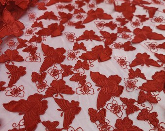 Tessuto in pizzo ricamato con farfalla rossa 3D - Abiti da sposa, ballo di fine anno, quinceañera - Venduto tagliato su misura