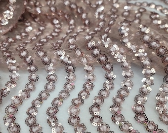 Rose Gold Sequin Lace Fabric: Floral Embroidery on Mesh, Bridal Gown