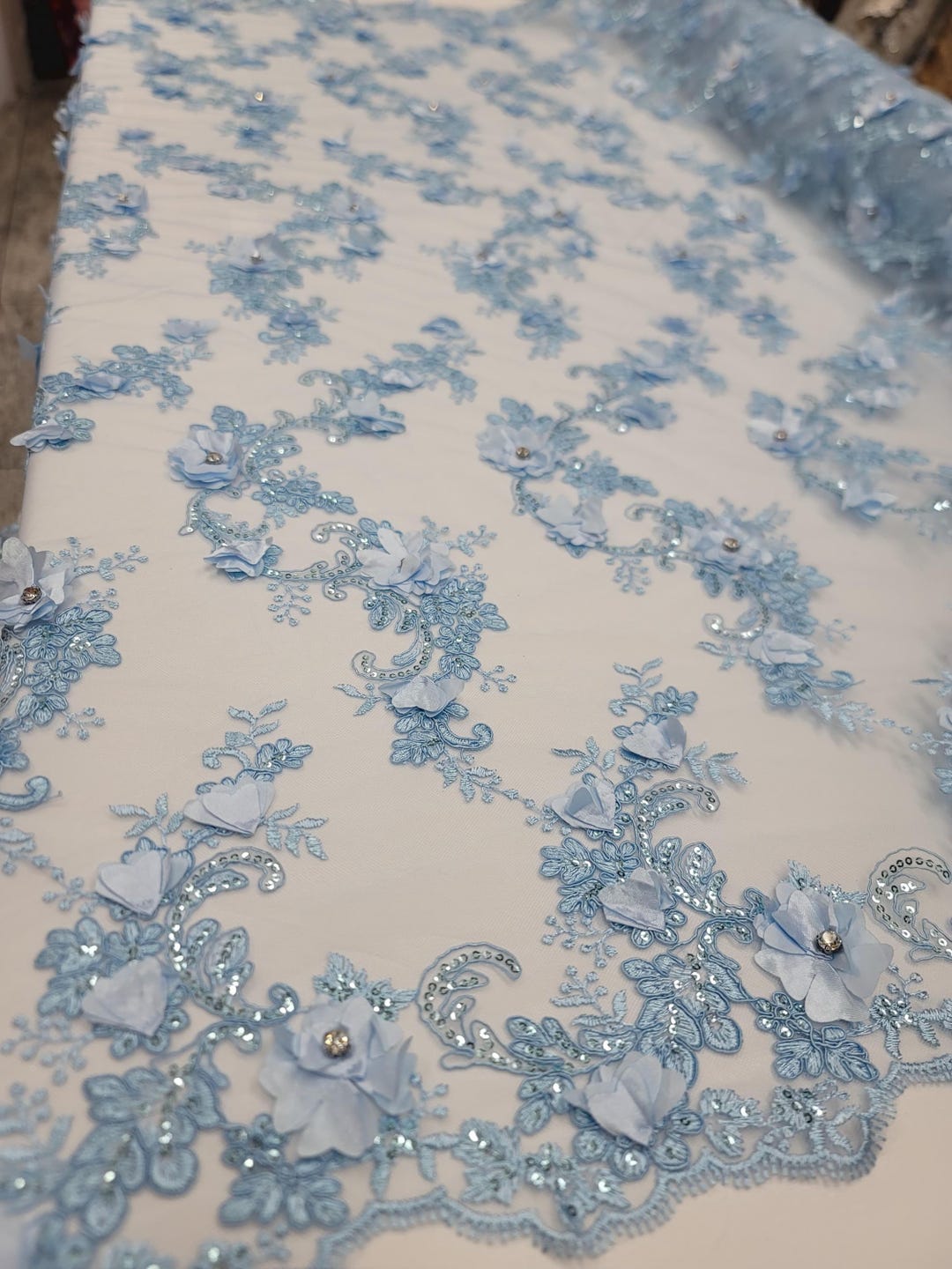 Fabric Sold by the Yard Sky Blue Lace 3d Floral Flowers Embroidery ...