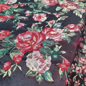 Fabric Sold By The Yard Red Brocade Floral Flowers Gold Metallic Black Background Jacquard Fashion Prom Bridal Evening Dress New Gown Quince