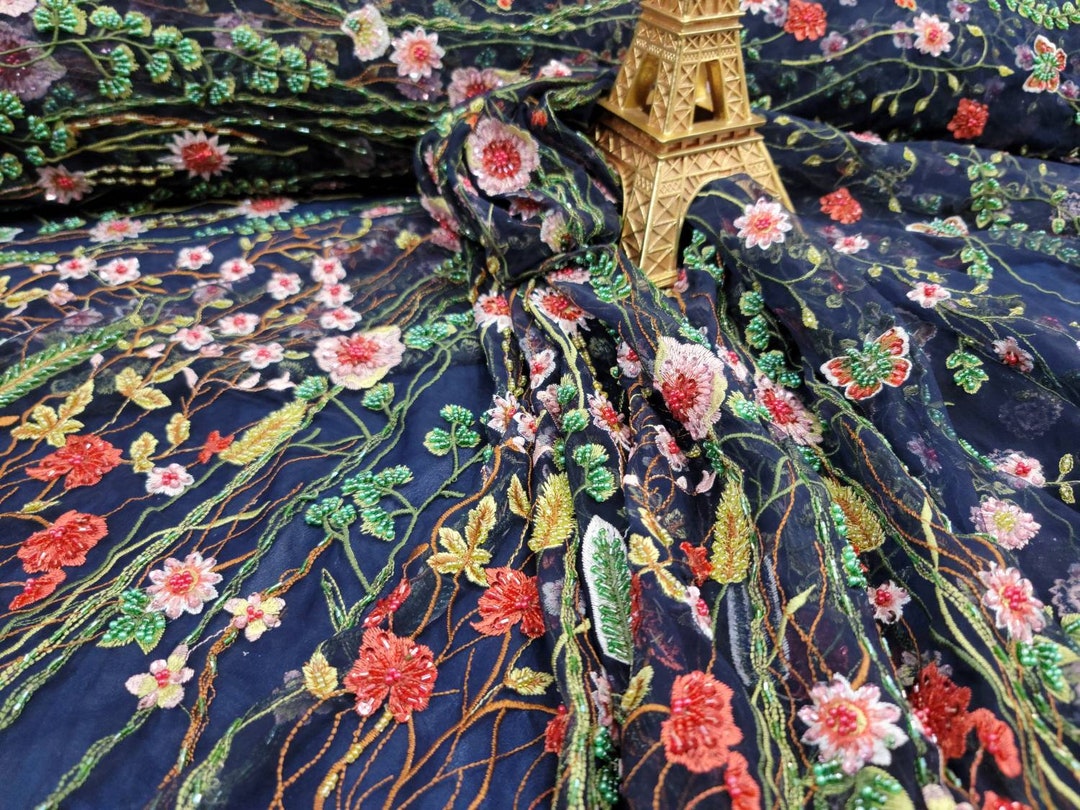 Beaded Floral Lace Fabric: Navy Blue Embroidered Mesh, Sold by the Yard ...