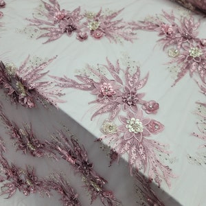 Dusty Rose Lace 3d Floral Embroidery Mesh Prom Fabric Sold by the Yard Gown Quinceañera Bridal Dress Pink Ivory Flowers Rhinestones