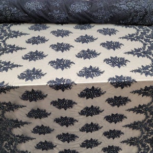 Fabric By The Yard Navy Blue Beaded Lace Floral Flowers Embroidery Sequin Double Scallops Bridal Evening Dress Quinceañera Gown Prom Fashion