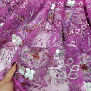 Fabric Sold By The Yard Magenta Embroidery 3d Silver Flowers Rhinestones On Mesh Prom Evening Dress Bridal Quinceañera Gown