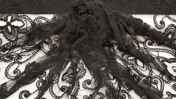 Black Hand Beaded Lace Pasley Damask Pearls On Mesh 1 Way Etsy