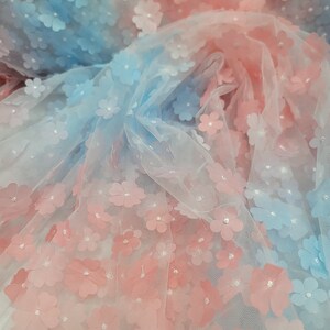 Fabric Sold By The Yard Blush Pink Blue 3d Lace Floral Flowers On Mesh Prom Lace Quinceañera Lace Fashion New Lace 3d Floral
