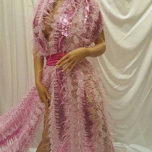 Fuchsia Lace Fabric By The Yard Feather and Sequin On Mesh Prom Evening Dress Bridal Fashion Lace Costume Dancer Clothing Draping Decoration
