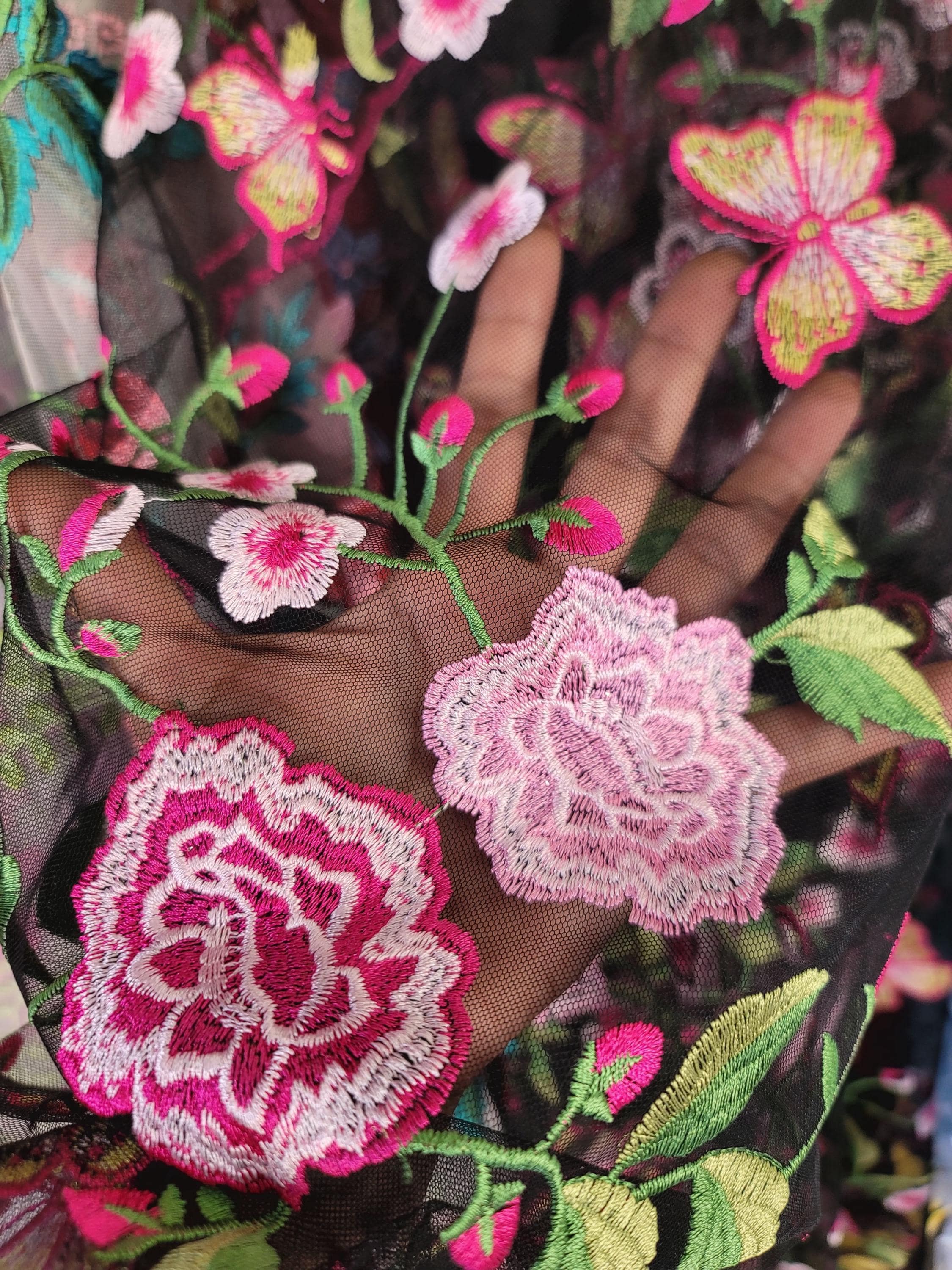 Floral Embroidery Lace Fabric, Pink Fuchsia Flowers on Black  display picture 2