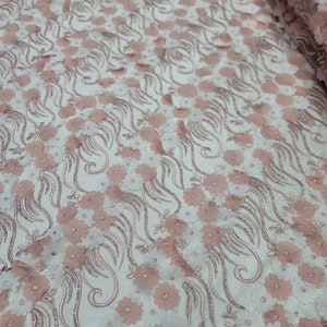 Dusty Rose Lace 3d Floral Flowers Embroidery Sequins on Mesh Prom Fabric Sold by the Yard Gown Quinceañera Bridal Dress Pink Rose