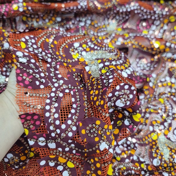 Tissu vendu par mètre Bronze Bordeaux Dentelle Broderie Paillettes Filet de poisson Pétoncles Robe de bal Robe de mariée Robe de soirée Mode Wax africain