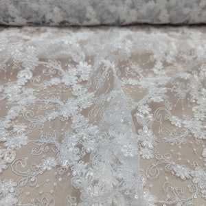 thumbnail image 2 of White Beaded Floral Lace Fabric By The Yard – Embroidered Sequin Lace – Divas Textiles (Width 46-59", 36"x52" Square) 2 of 6