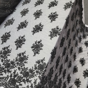 Fabric Sold By The Yard Black Lace Floral Flowers Embroidery Beads On Mesh Fashion New Fabric Dress Double Scalloped