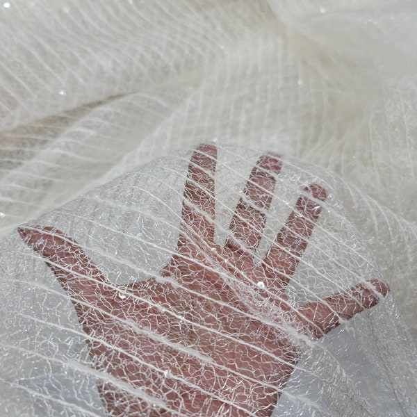 Tessuto di pizzo color avorio sporco con paillettes trasparenti, rete da sposa (tagliabile su misura)