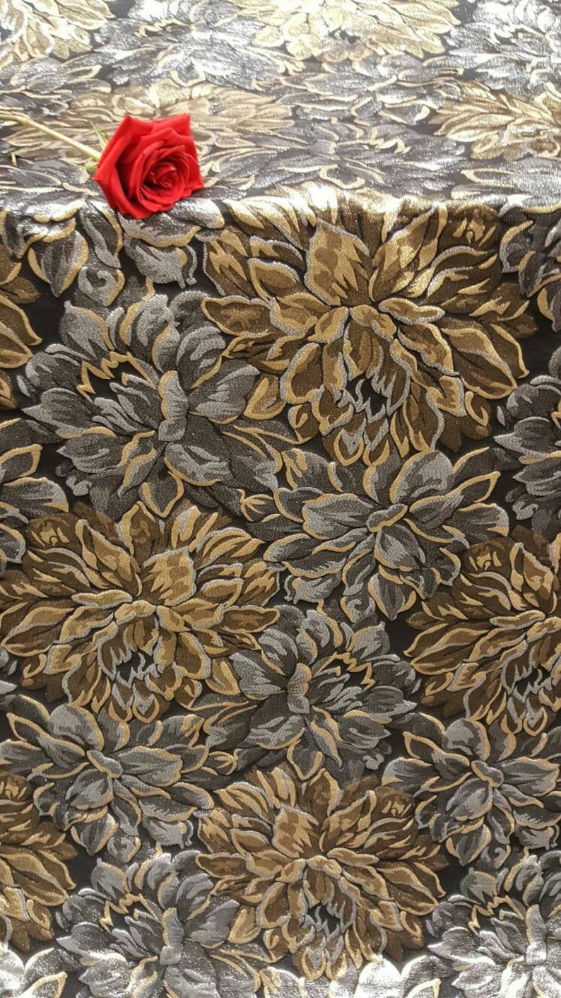 Fabric Sold by the Yard Brocade Gold and Silver Floral Flowers Fashion Jacquard Quincea\u00f1era Dress Bridal Evening Gown Prom