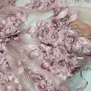 Beaded Lace 3d Dusty Rose Floral Flowers Embroidered Rinesthone Prom Fabric Sold by the Yard Gown Prom Dress Quinceañera