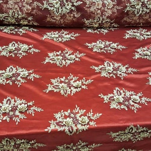 Fabric Sold by The Yard Burgundy And Gold Hand Beaded Lace 3d Embroidery Floral Flowers Rinheston Sequin On Mesh Prom Dress Quinceañera Gown