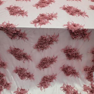 3d Lace Coral Hand Beaded 3d Lace Fabric 3d Floral Flowers Embroidered Mesh Scallop Prom Fabric Sold by the Yard Quinceañera Bridal