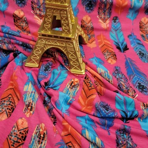 Fabric Sold By The Yard Multicolor Feathers On Stretch Hot Pink Rayon Spandex Blue Orange Feathers Soft Dress Clothing Draping