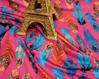 Feather Fabric: Multicolor Print on Hot Pink Rayon Spandex - 60 Inch Wide