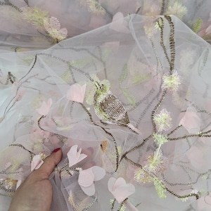 Fabric By The Yard Blush Pink 3d Lace Embroidery 3d Floral Embroidery Birds On Mesh Prom Bridal Evening Dress Quinceañera