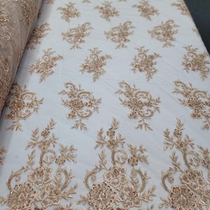 Fabric Sold By The Yard Champagne Beaded Lace Embroidery Floral Flowers Scallops Bridal Evening Dress  Quinceañera Gown Prom Beige Lace