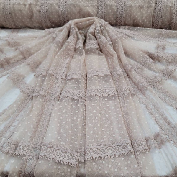 Fabric Sold By The Yard Beige Lace Embroidery Polka dots Mesh Fashion Lace Quinceañera Bridal Evening Dress Prom