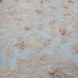 Fabric Sold By The Yard Blush Beaded Lace 3d Embroidery Floral Flowers Bridal Evening Dress Quinceañera Gown Prom Sweet Sixteen