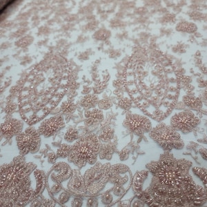 Blush Beaded Lace Floral Flowers Embroidered Pearls on Mesh Prom Fabric Sold by the Yard Quinceañera Gown Bridal Dress