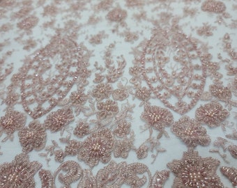 Blush Beaded Lace Floral Flowers Embroidered Pearls on Mesh Prom Fabric Sold by the Yard Quinceañera Gown Bridal Dress
